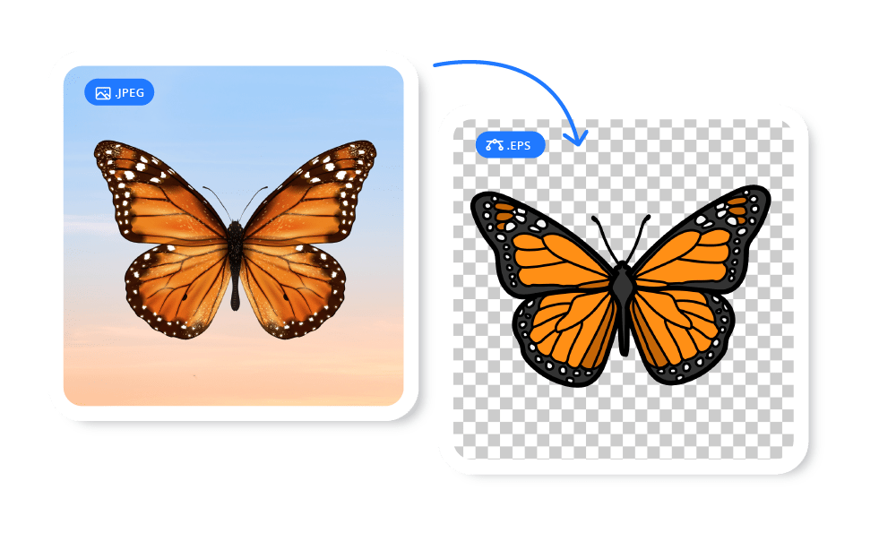 High-Quality Vector Conversion – Transforming JPEG Images into EPS Format Side-by-side comparison of a realistic butterfly image (JPEG format) and its clean vectorized version (EPS format). The conversion process enhances scalability, sharpness, and editability, making it ideal for embroidery digitizing, screen printing, and custom graphics. The vector file features precise outlines and solid fills, ensuring smooth reproduction for logo digitizing, apparel decoration, and high-resolution printing.