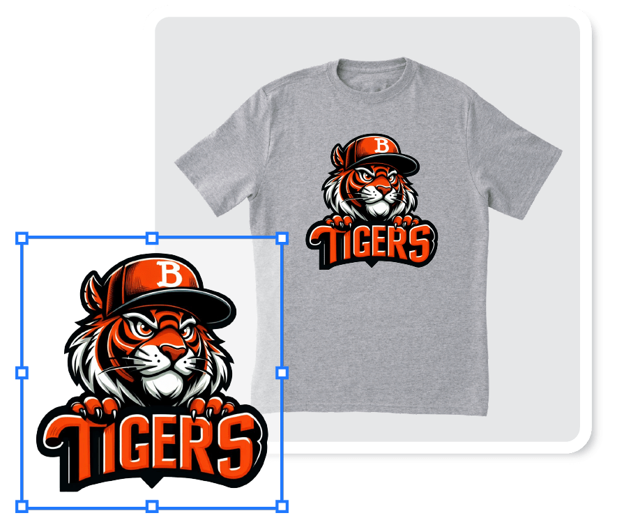 TIGERS-VECTOR Close-up of tiger mascot vector art design displayed on a t-shirt – showcasing a detailed, vibrant vector graphic.