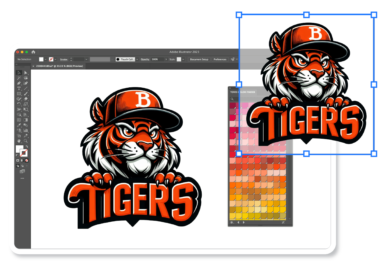 tigers-hp Sports tiger mascot wearing a hat, displayed on a software background showcasing vector design.