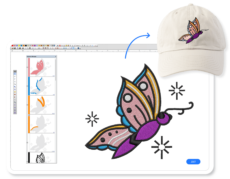 wesbite-bulk5 Before and after comparison of a colorful butterfly embroidery design – digital preview before digitizing and final sewn-out embroidery on a beige cap.